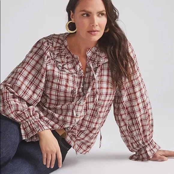ANTHROPOLOGIE Maeve Ruffled Plaid Button Down Top Plus Size 1X Western Boho - Picture 7 of 7